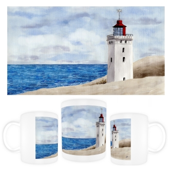 Tasse Becher Kaffeebecher Aquarell Maritim Kunst Druck Kunstdruck Nordsee Dänemark Danmark Leuchtturm Rubjerg Knude Düne Blokhus Lokken Sonnenuntergang