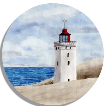 Untersetzer Glasuntersetzer rund 9,5 cm Aquarell Maritim Kunst Druck Kunstdruck Nordsee Dänemark Danmark Leuchtturm Rubjerg Knude Düne Blokhus Lokken Sonnenuntergang
