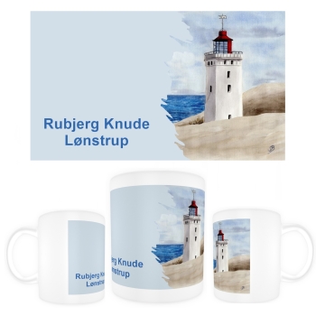 Tasse Becher Kaffeebecher Aquarell Maritim Kunst Druck Kunstdruck Nordsee Dänemark Danmark Leuchtturm Rubjerg Knude Düne Blokhus Lokken Sonnenuntergang