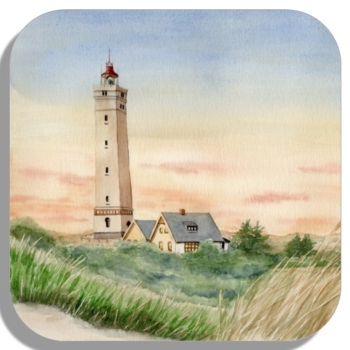 Coasters glass coasters 9,5 x  9,5 cm Watercolor Maritime Art Print Art Print North Sea Denmark Danmark Blåvand Blavand  dunes  lighthouse sunset