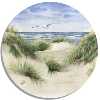 Untersetzer Glasuntersetzer rund 9,5 cm  Aquarell Maritim Kunst Druck Kunstdruck Dünen Dänemark Nordsee Düne Meer Möwe Strand