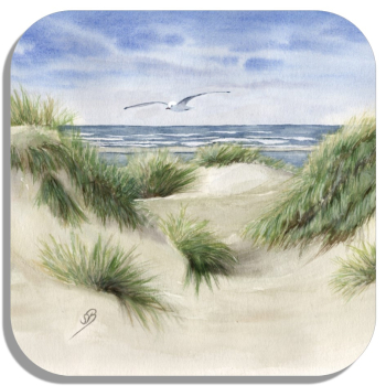 Untersetzer Glasuntersetzer 9,5 x 9,5 cm  Aquarell Maritim Kunst Druck Kunstdruck Dünen Dänemark Nordsee Düne Meer Möwe Strand