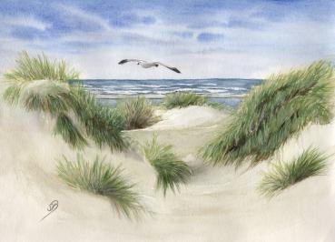 Poster DIN-A4  Aquarell Maritim Kunst Druck Kunstdruck Dünen Dänemark Nordsee Düne Meer Möwe Strand