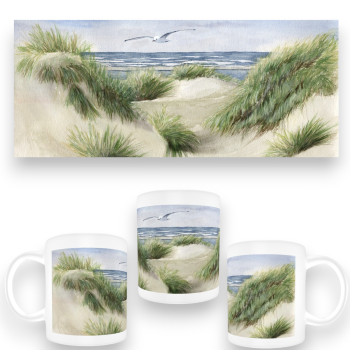 Tasse Becher Kaffeebecher Aquarell Maritim Kunst Druck Kunstdruck Dünen Dänemark Nordsee Düne Meer Möwe Strand