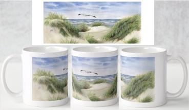 Tasse Becher Kaffeebecher Aquarell Maritim Kunst Druck Kunstdruck Dünen Dänemark Nordsee Düne Meer Möwe Strand