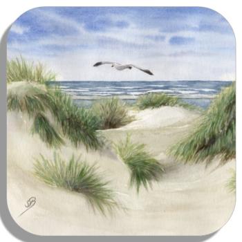 Untersetzer Glasuntersetzer 9,5 x 9,5 cm  Aquarell Maritim Kunst Druck Kunstdruck Dünen Dänemark Nordsee Düne Meer Möwe Strand