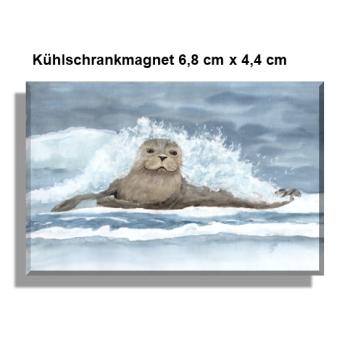 Kühlschrankmagnet  Aquarell Maritim Kunst Druck Kunstdruck Seehund Welle Wellen Robbe Heuler Kegelrobbe Dänemark Nordsee Ostsee