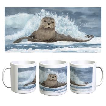 Tasse Becher Kaffeebecher  Aquarell Maritim Kunst Druck Kunstdruck Seehund Welle Wellen Robbe Heuler Kegelrobbe Dänemark Nordsee Ostsee