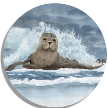 Untersetzer Glasuntersetzer rund 9,5 cm  Aquarell Maritim Kunst Druck Kunstdruck Seehund Welle Wellen Robbe Heuler Kegelrobbe Dänemark Nordsee Ostsee