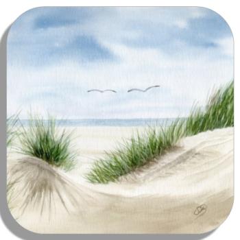 Untersetzer Glasuntersetzer 9,5 x 9,5 cm  Düne im Sommer Aquarell Maritim Kunst Druck Kunstdruck Dänemark Nordsee Ostsee Dünen Meer Möwe Strand Amrum Sylt