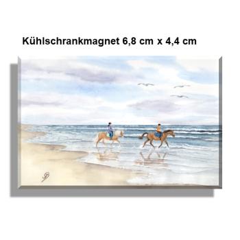 Kühlschrankmagnet  Aquarell Maritim Kunst Druck Kunstdruck Pferdereiten am Strand Pferde Reiten Dänemark Nordsee Ostsee  Meer