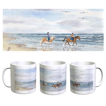 Cup Coffee Cup Mug  Watercolor Maritime Art Print North Sea Baltic Sea Denmark Horses Riding Horseriding Beach