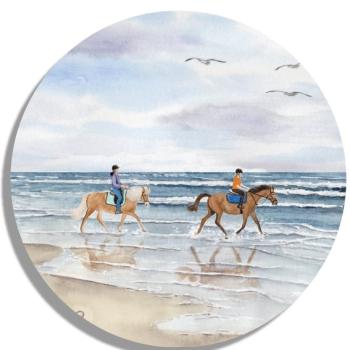 Coasters glass coasters 9,5 x  9,5 cm Watercolor Maritime Art Print North Sea Baltic Sea Denmark Horses Riding Horseriding Beach