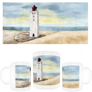 Tasse Becher Kaffeebecher Aquarell Maritim Kunst Druck Kunstdruck Nordsee Dänemark Danmark Leuchtturm Rubjerg Knude Düne Blokhus Lokken Sonnenuntergang