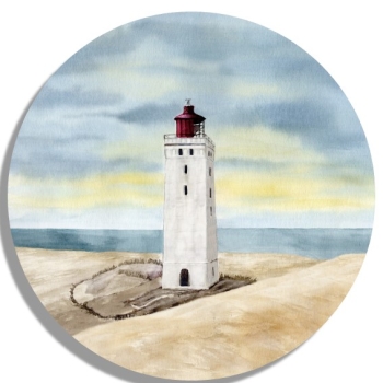 Untersetzer Glasuntersetzer rund 9,5 cm Aquarell Maritim Kunst Druck Kunstdruck Nordsee Dänemark Danmark Leuchtturm Rubjerg Knude Düne Blokhus Lokken Sonnenuntergang