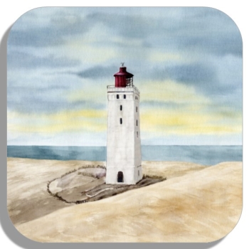 Untersetzer Glasuntersetzer 9,5 x 9,5 cm Aquarell Maritim Kunst Druck Kunstdruck Nordsee Dänemark Danmark Leuchtturm Rubjerg Knude Düne Blokhus Lokken Sonnenuntergang