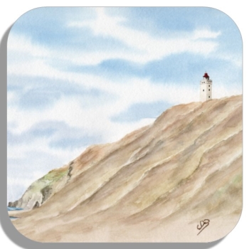 Coasters glass coasters 9,5 x  9,5 cm watercolor maritime art print North Sea Denmark Danmark lighthouse Rubjerg Knude dune Blokhus Lokken Cliff