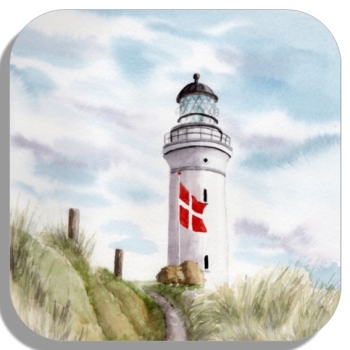 Coasters glass coasters 9,5 x  9,5 cm Watercolor Maritime Art Print Art Print North Sea Denmark Danmark  Hirtshals dunes  lighthouse