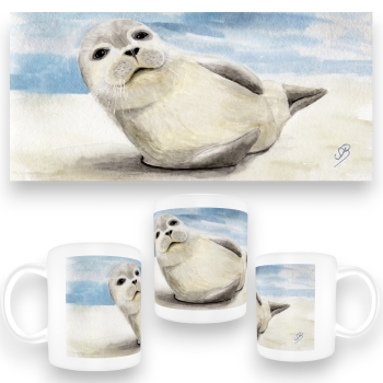 Tasse Becher Kaffeebecher weißer Seehund am Strand - DK56