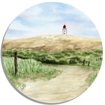 Untersetzer Glasuntersetzer rund 9,5 cm Aquarell Maritim Kunst Druck Kunstdruck Nordsee Dänemark Danmark Leuchtturm Rubjerg Knude Düne Blokhus Lokken Sonnenuntergang