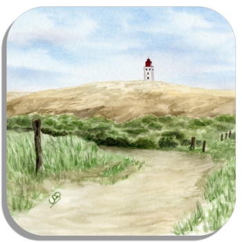 Untersetzer Glasuntersetzer 9,5 x 9,5 cm Aquarell Maritim Kunst Druck Kunstdruck Nordsee Dänemark Danmark Leuchtturm Rubjerg Knude Düne Blokhus Lokken Sonnenuntergang