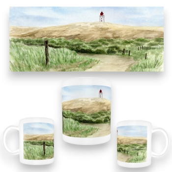 Tasse Becher Kaffeebecher Aquarell Maritim Kunst Druck Kunstdruck Nordsee Dänemark Danmark Leuchtturm Rubjerg Knude Düne Blokhus Lokken Sonnenuntergang