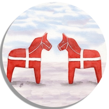 Untersetzer Glasuntersetzer rund 9,5 cm Aquarell Maritim Kunst Druck Kunstdruck Nordsee Dänemark Danmark  Blåvand Blavand rote Pferde