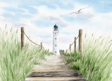Postkarte DIN-A6 Aquarell Maritim Kunst Druck Kunstdruck Nordsee Dänemark Danmark  Hirtshals Dünen Leuchtturm