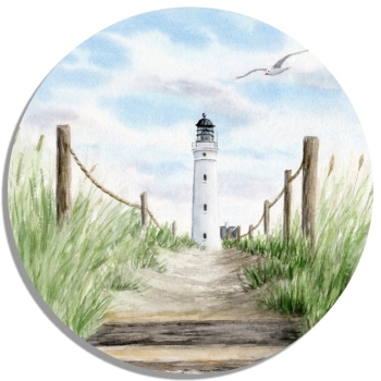 Untersetzer Glasuntersetzer rund 9,5 cm Aquarell Maritim Kunst Druck Kunstdruck Nordsee Dänemark Danmark  Hirtshals Dünen Leuchtturm