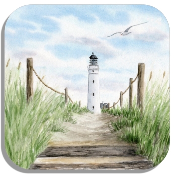 Untersetzer Glasuntersetzer 9,5 x 9,5 cm Aquarell Maritim Kunst Druck Kunstdruck Nordsee Dänemark Danmark  Hirtshals Dünen Leuchtturm