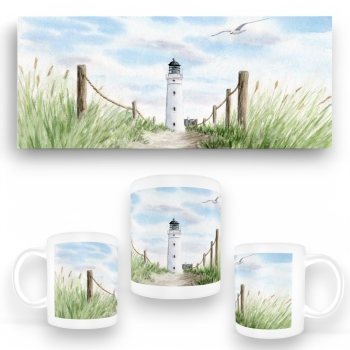 Tasse Becher Kaffeebecher Aquarell Maritim Kunst Druck Kunstdruck Nordsee Dänemark Danmark  Hirtshals Dünen Leuchtturm