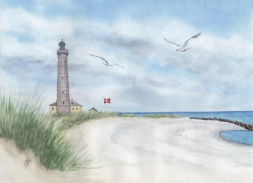 Postkarte DIN-A6 Aquarell Maritim Kunst Druck Kunstdruck Nordsee Dänemark Danmark Leuchtturm Skagen