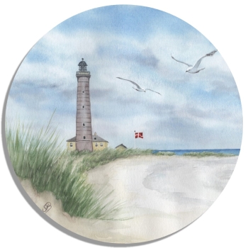 Untersetzer Glasuntersetzer rund 9,5 cm Aquarell Maritim Kunst Druck Kunstdruck Nordsee Dänemark Danmark Leuchtturm Skagen