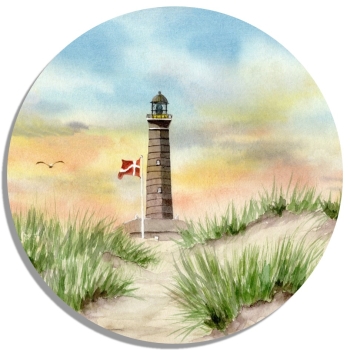Untersetzer Glasuntersetzer rund 9,5 cm Aquarell Maritim Kunst Druck Kunstdruck Nordsee Dänemark Danmark Leuchtturm Skagen