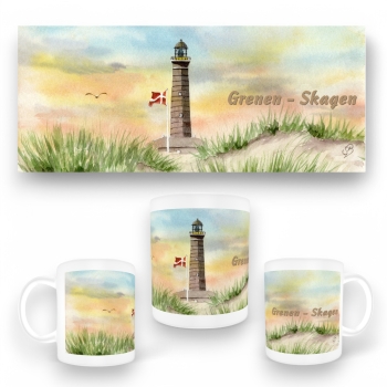 Tasse Becher Kaffeebecher Aquarell Maritim Kunst Druck Kunstdruck Nordsee Dänemark Danmark Leuchtturm Skagen