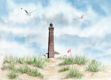 Postkarte DIN-A6 Aquarell Maritim Kunst Druck Kunstdruck Nordsee Dänemark Danmark Leuchtturm Skagen