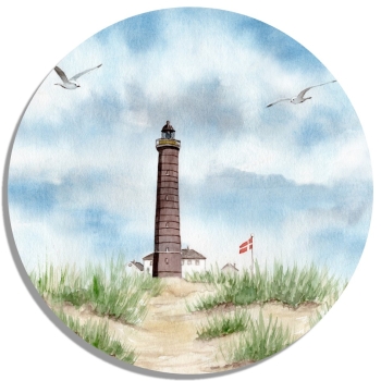 Untersetzer Glasuntersetzer rund 9,5 cm Aquarell Maritim Kunst Druck Kunstdruck Nordsee Dänemark Danmark Leuchtturm Skagen