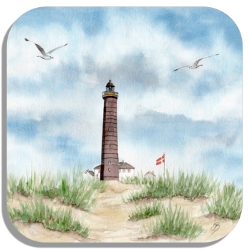 Untersetzer Glasuntersetzer 9,5 x 9,5 cm Aquarell Maritim Kunst Druck Kunstdruck Nordsee Dänemark Danmark  Leuchtturm Skagen