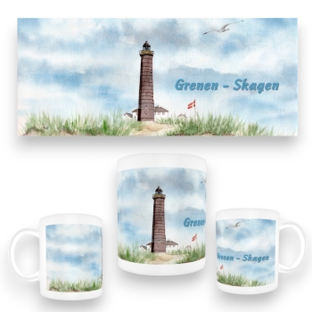 Tasse Becher Kaffeebecher Aquarell Maritim Kunst Druck Kunstdruck Nordsee Dänemark Danmark Leuchtturm Skagen