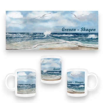 Tasse Becher Kaffeebecher Aquarell Maritim Kunst Druck Kunstdruck Nordsee Dänemark Danmark Skagen Grenen