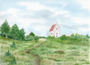 Postkarte DIN-A6 Aquarell Maritim Kunst Druck Kunstdruck Nordsee Dänemark Danmark Skagen versandete Kirche