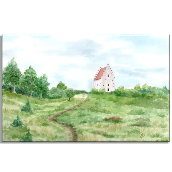 Leinwand 30 x 20 cm Keilrahmen Canvas-Leinen Aquarell Maritim Kunst Druck Kunstdruck Nordsee Dänemark Danmark  Skagen versandete Kirche