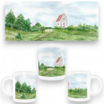 Tasse Becher Kaffeebecher Aquarell Maritim Kunst Druck Kunstdruck Nordsee Dänemark Danmark Skagen versandete Kirche