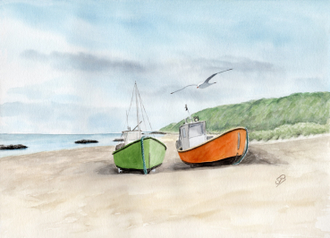 Postkarte DIN-A6  Zwei Fischerboote am Strand  Aquarell Maritim Kunst Druck Kunstdruck Dänemark Nordsee  Düne Meer Blokhus Strand