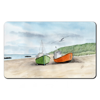 Frühstücksbrettchen Brettchen  Frühstücksbrettchen Brettchen DK07 -  Zwei Fischerboote am Strand Aquarell Maritim Kunst Druck Kunstdruck Dänemark Nordsee  Düne Meer Blokhus Strand