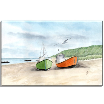Leinwand 30 x 20 cm Keilrahmen Canvas-Leinen  Zwei Fischerboote am Strand  Aquarell Maritim Kunst Druck Kunstdruck Dänemark Nordsee Düne Meer Blokhus Strand