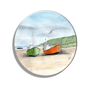 Kühlschrankmagnet m. Flaschenöffner  Zwei Fischerboote am Strand  Aquarell Maritim Kunst Druck Kunstdruck Dänemark Nordsee  Düne Meer Blokhus Strand