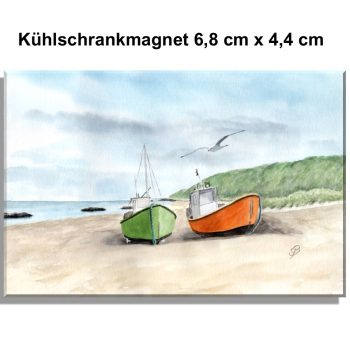 Kühlschrankmagnet  Zwei Fischerboote am Strand  Aquarell Maritim Kunst Druck Kunstdruck Dänemark Nordsee  Düne Meer Blokhus Strand