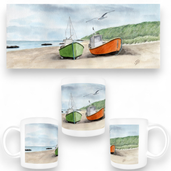 Tasse Becher Kaffeebecher  Zwei Fischerboote am Strand Aquarell Maritim Kunst Druck Kunstdruck Dänemark Nordsee  Düne Meer Blokhus Strand
