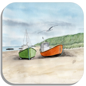 Untersetzer Glasuntersetzer 9,5 x 9,5 cm  Zwei Fischerboote am Strand  Aquarell Maritim Kunst Druck Kunstdruck Dänemark Nordsee  Düne Meer Blokhus Strand